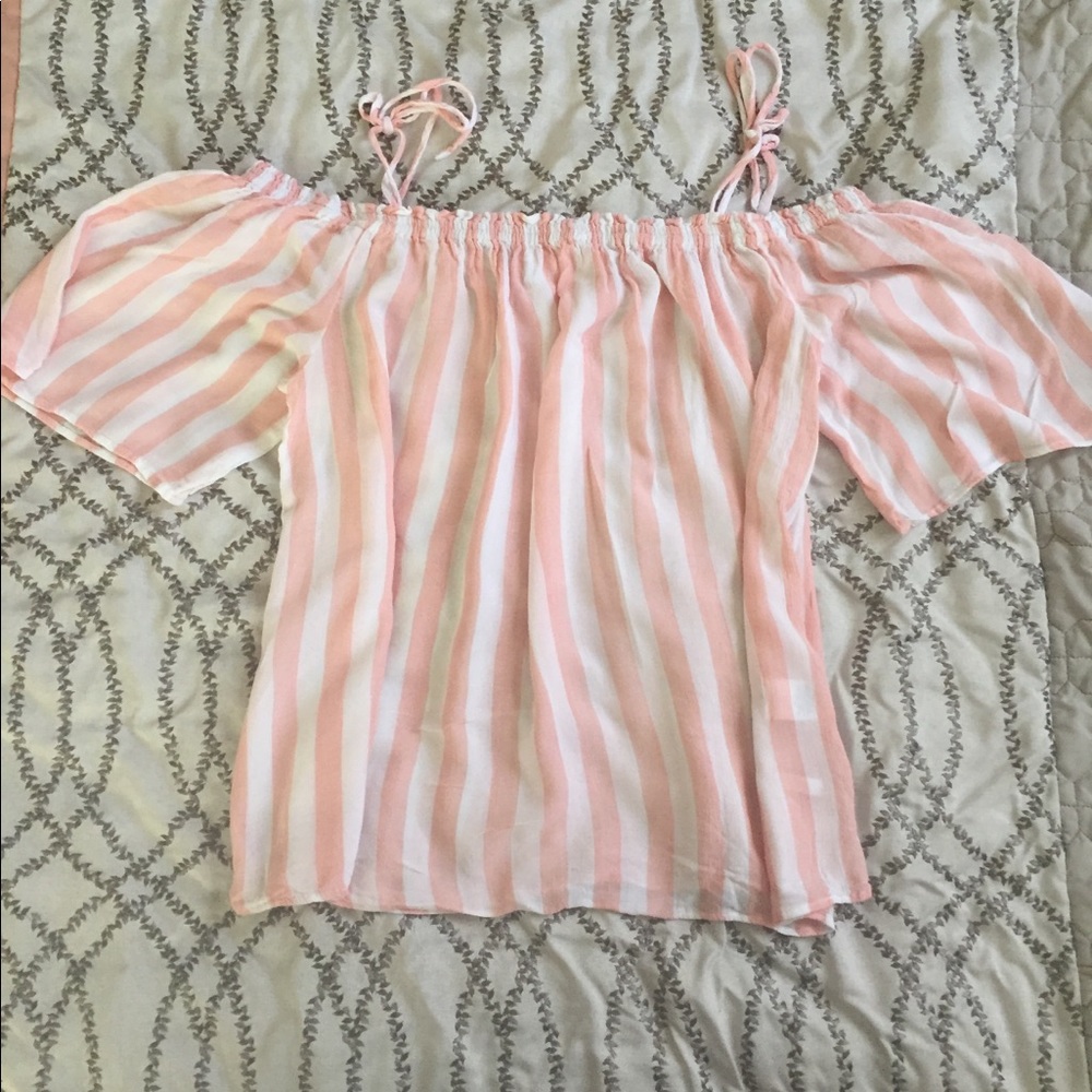 Pink and white striped off the shoulder shirt